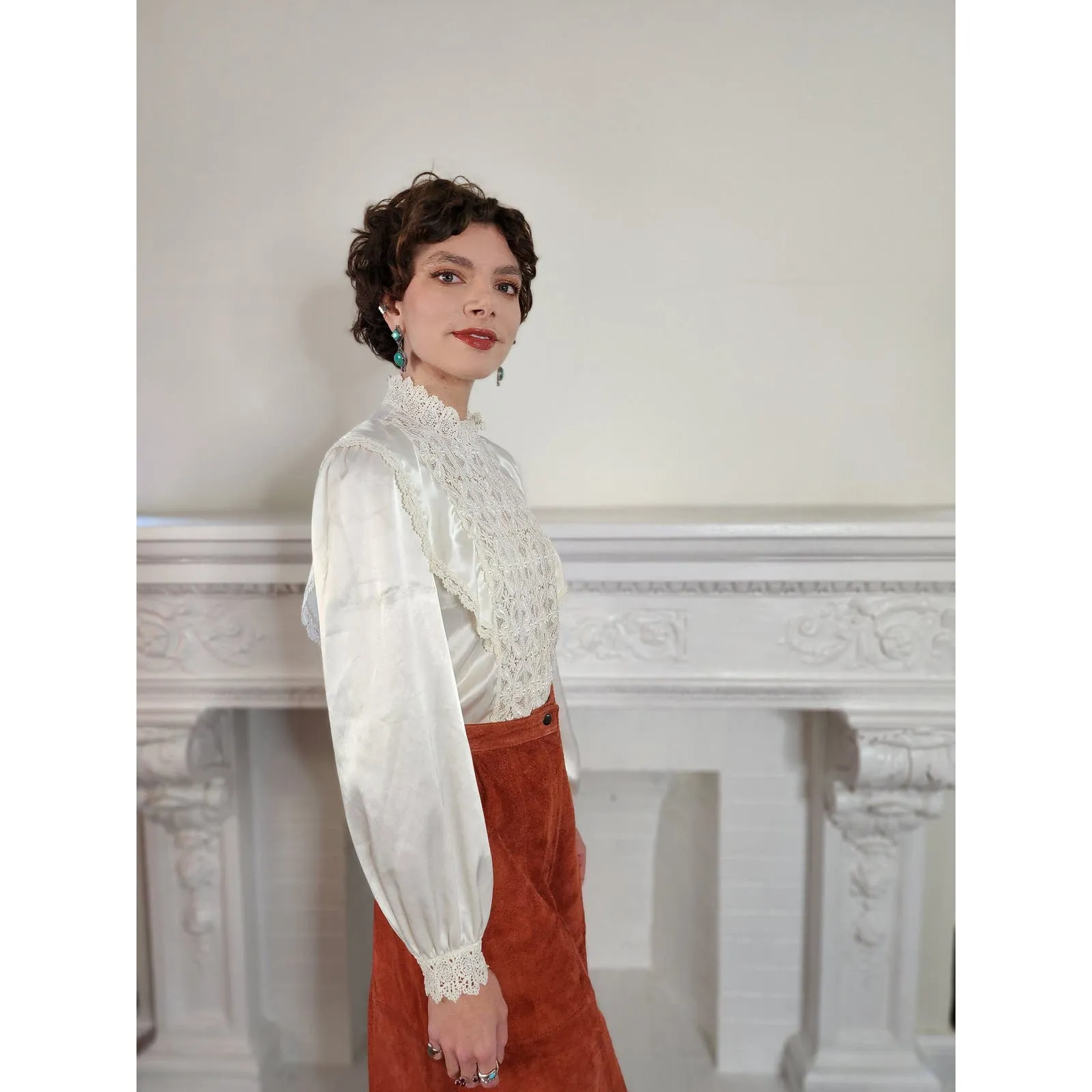 Vintage 80s Cream Blouse Neo Edwardian Lacy Shirt