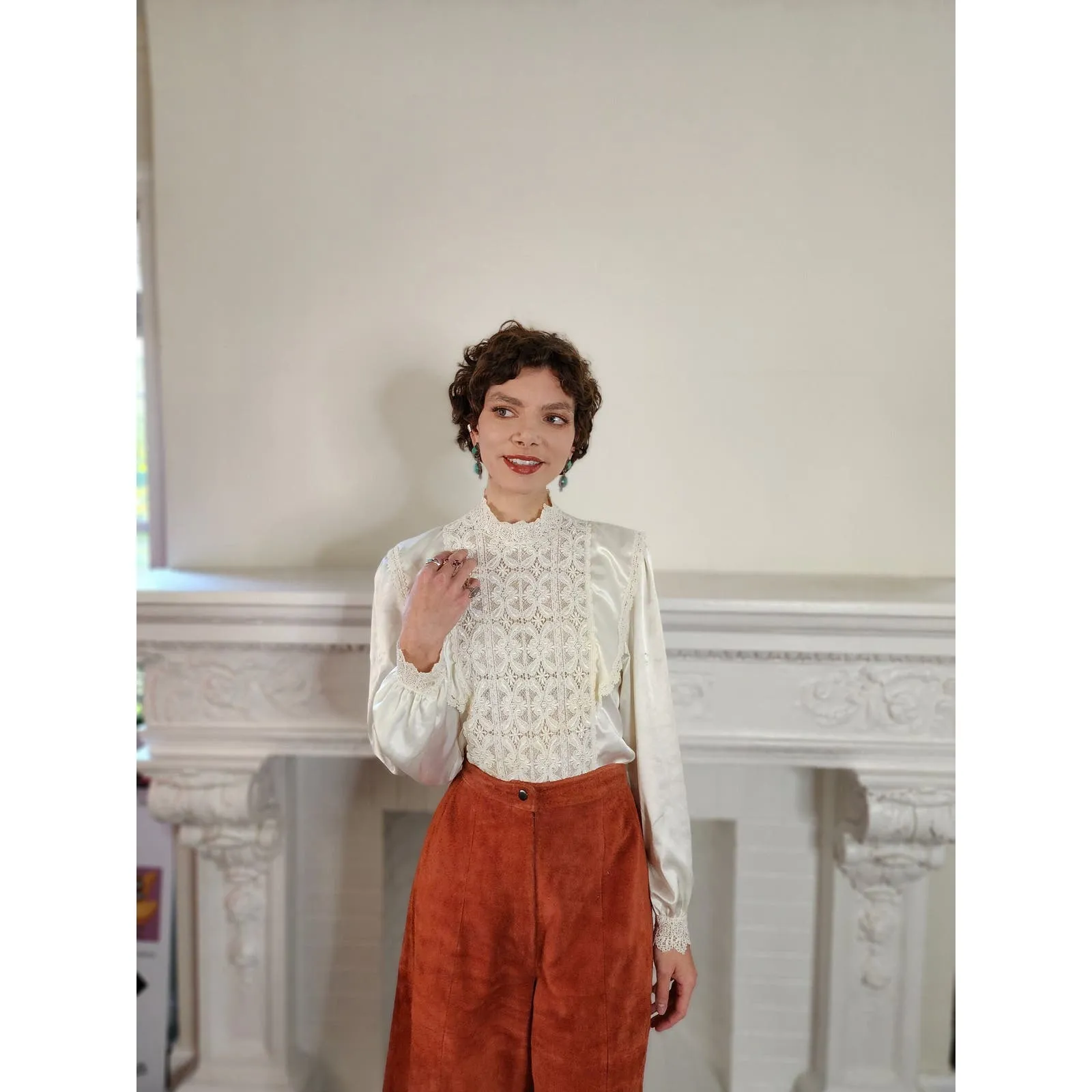 Vintage 80s Cream Blouse Neo Edwardian Lacy Shirt