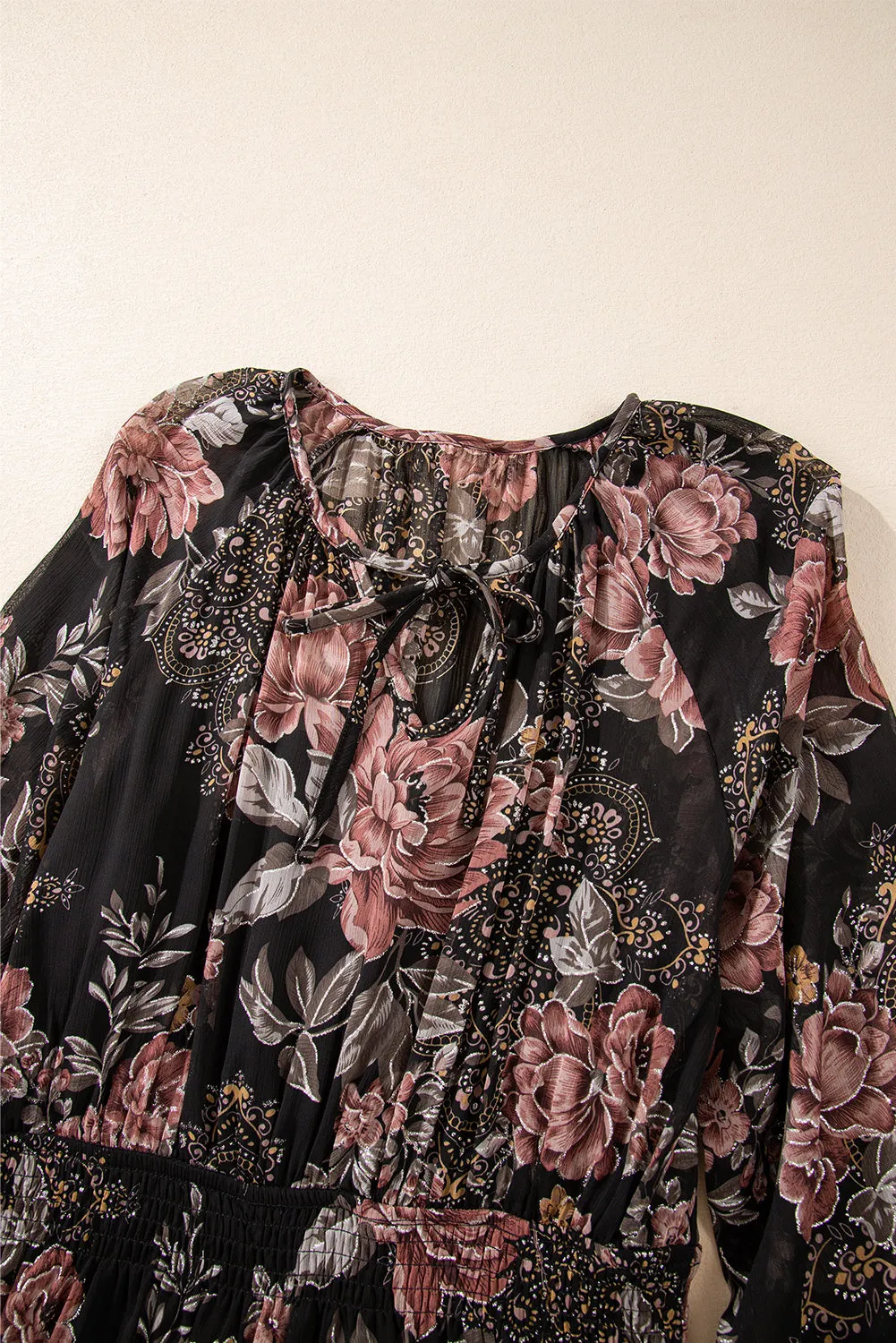 Vintage Floral Mini Dress with Puff Sleeves and Smock Waist