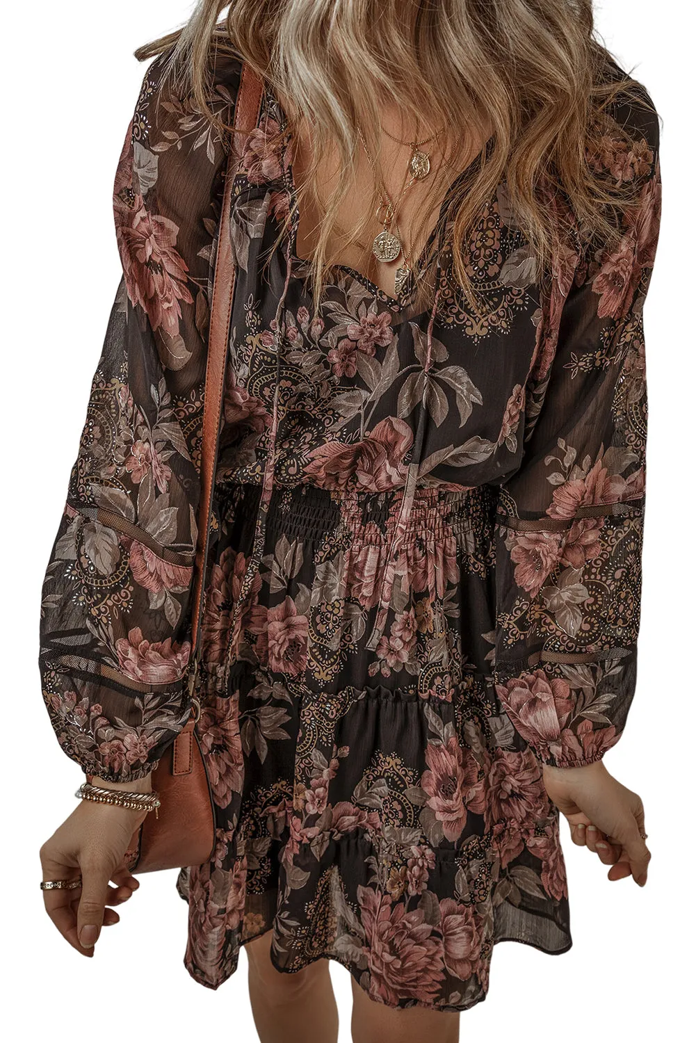 Vintage Floral Mini Dress with Puff Sleeves and Smock Waist