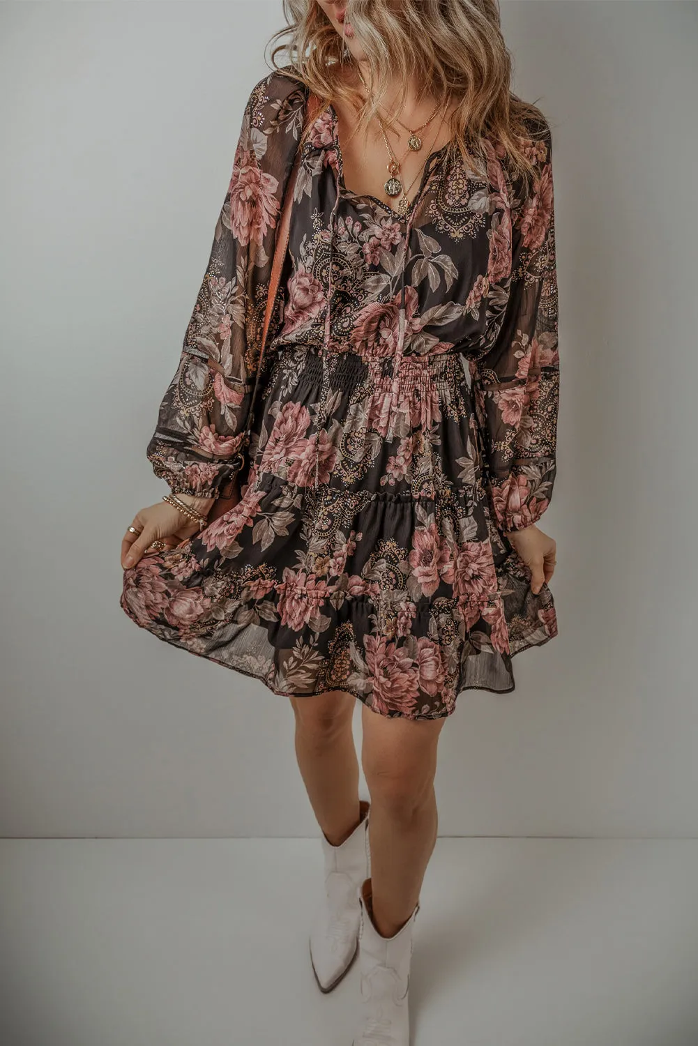 Vintage Floral Mini Dress with Puff Sleeves and Smock Waist