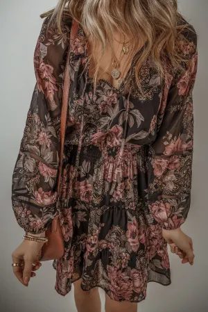Vintage Floral Mini Dress with Puff Sleeves and Smock Waist