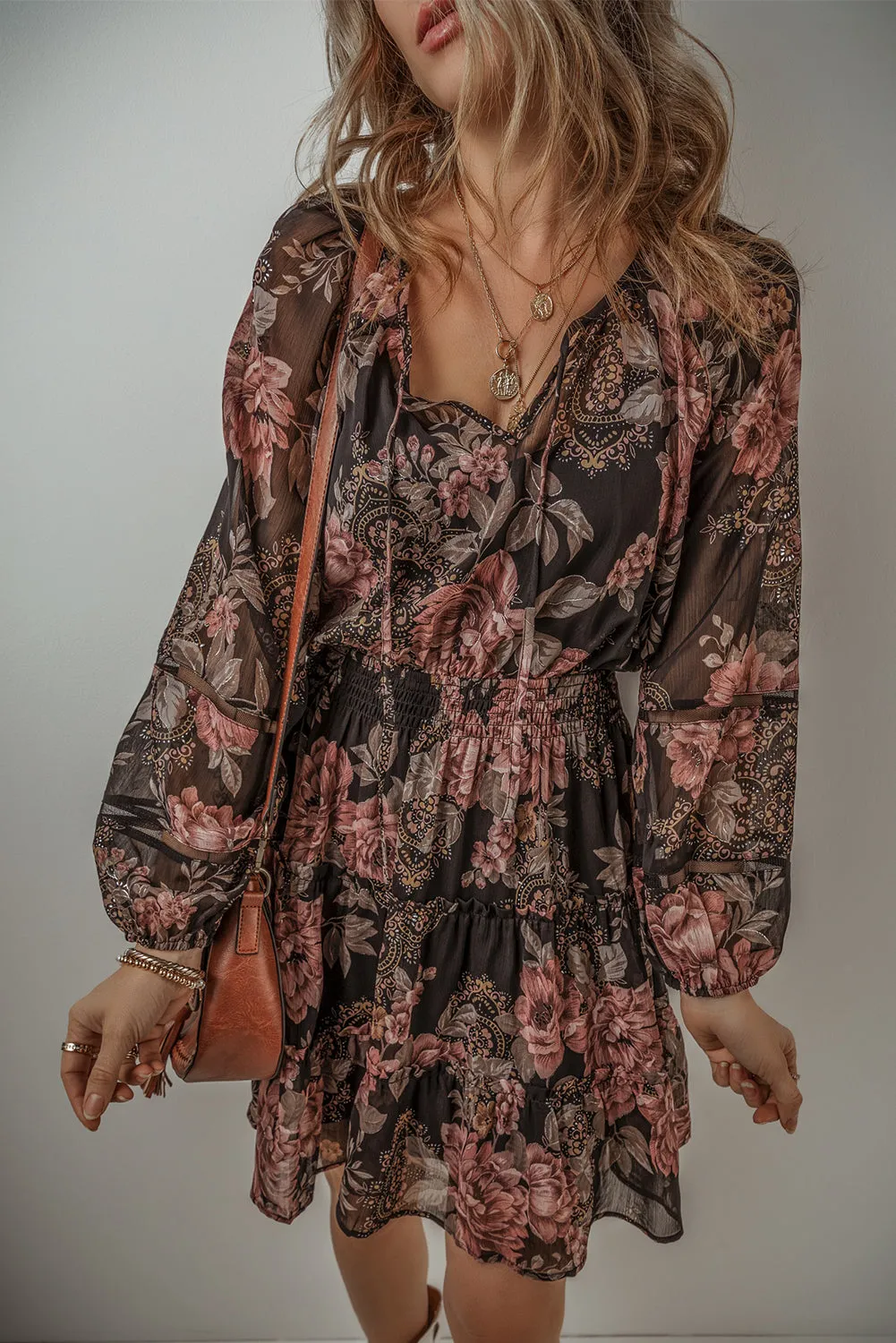 Vintage Floral Mini Dress with Puff Sleeves and Smock Waist