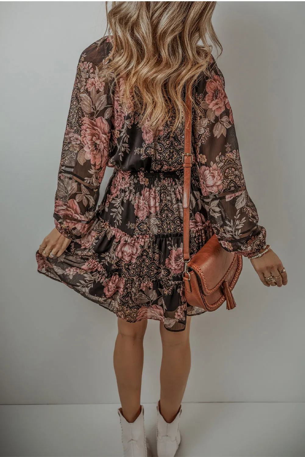 Vintage Floral Mini Dress with Puff Sleeves and Smock Waist
