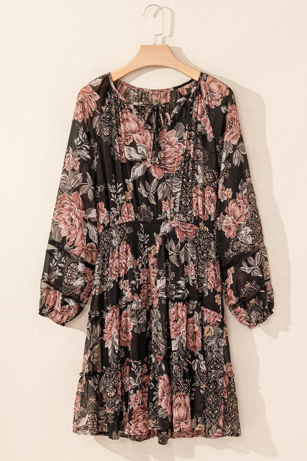 Vintage Floral Mini Dress with Puff Sleeves and Smock Waist