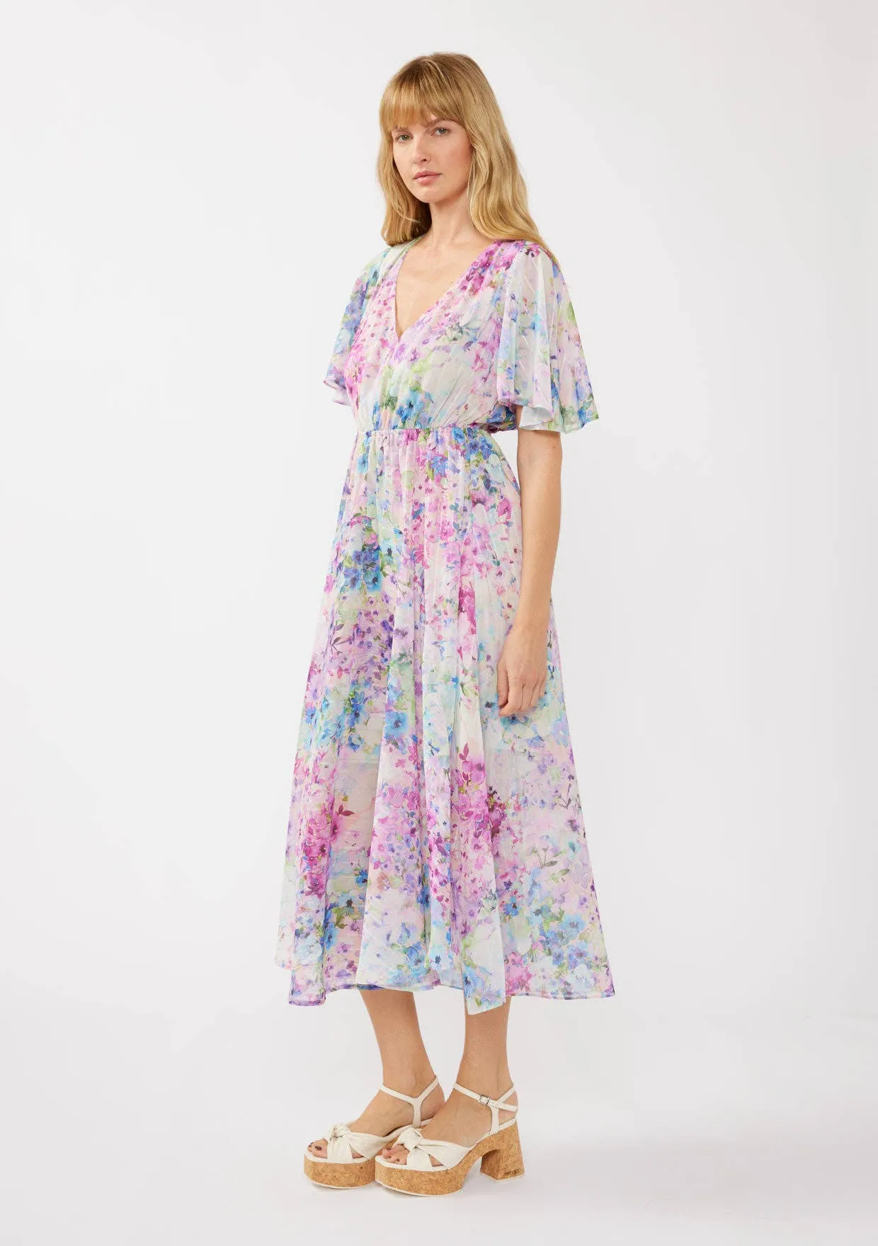Watercolor Flower Short Sleeve Scarf Maxi Dress