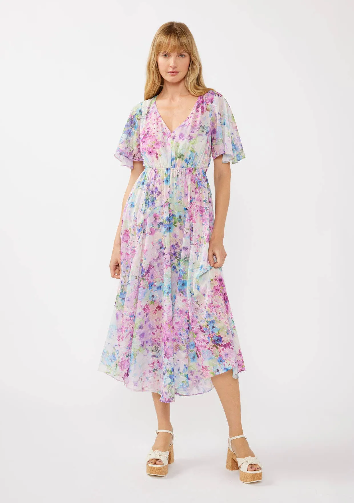 Watercolor Flower Short Sleeve Scarf Maxi Dress