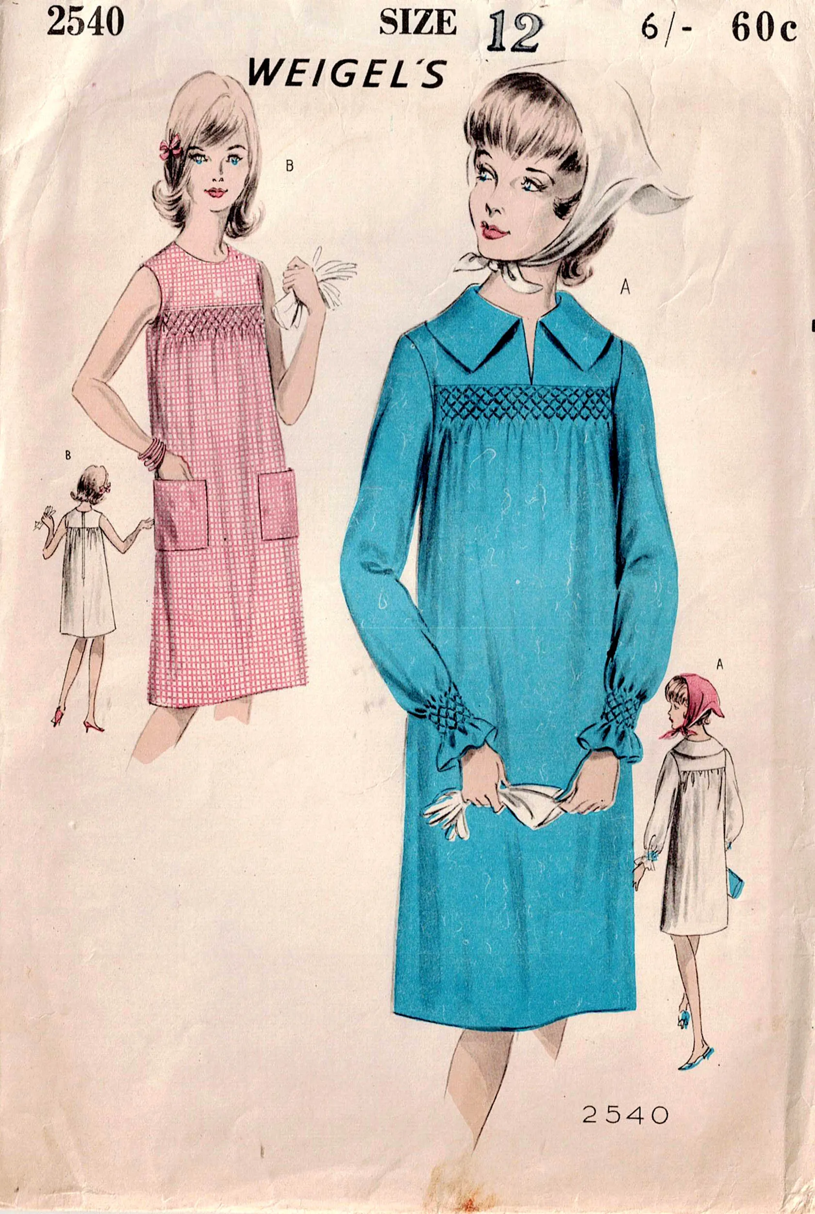 Weigel's 2540 RARE Womens Slim Yoked Dress with Simulated Smocking 1960s Vintage Sewing Pattern Bust 33 inches UNUSED Factory Folded