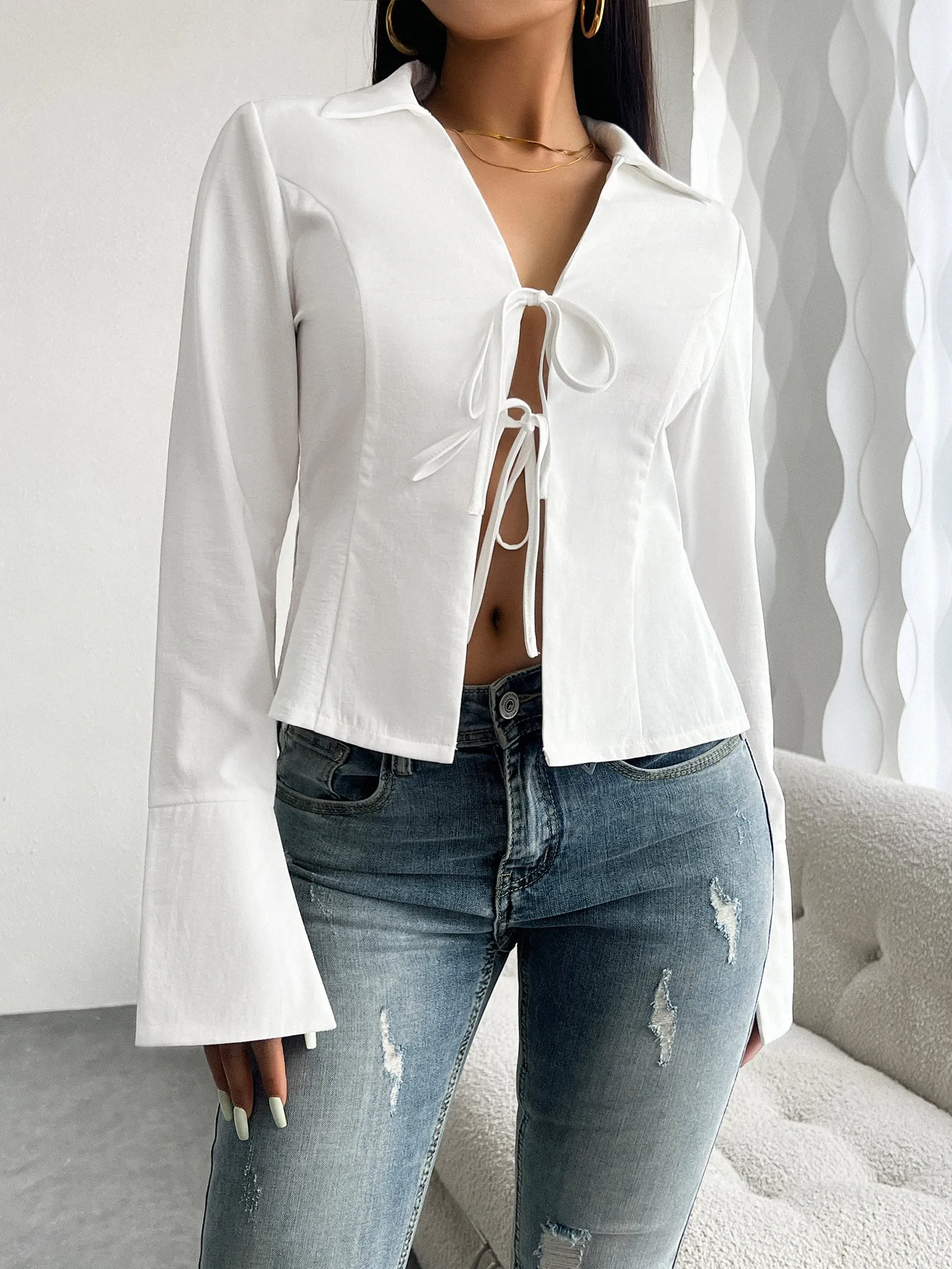 White Front Tie Up Shirt