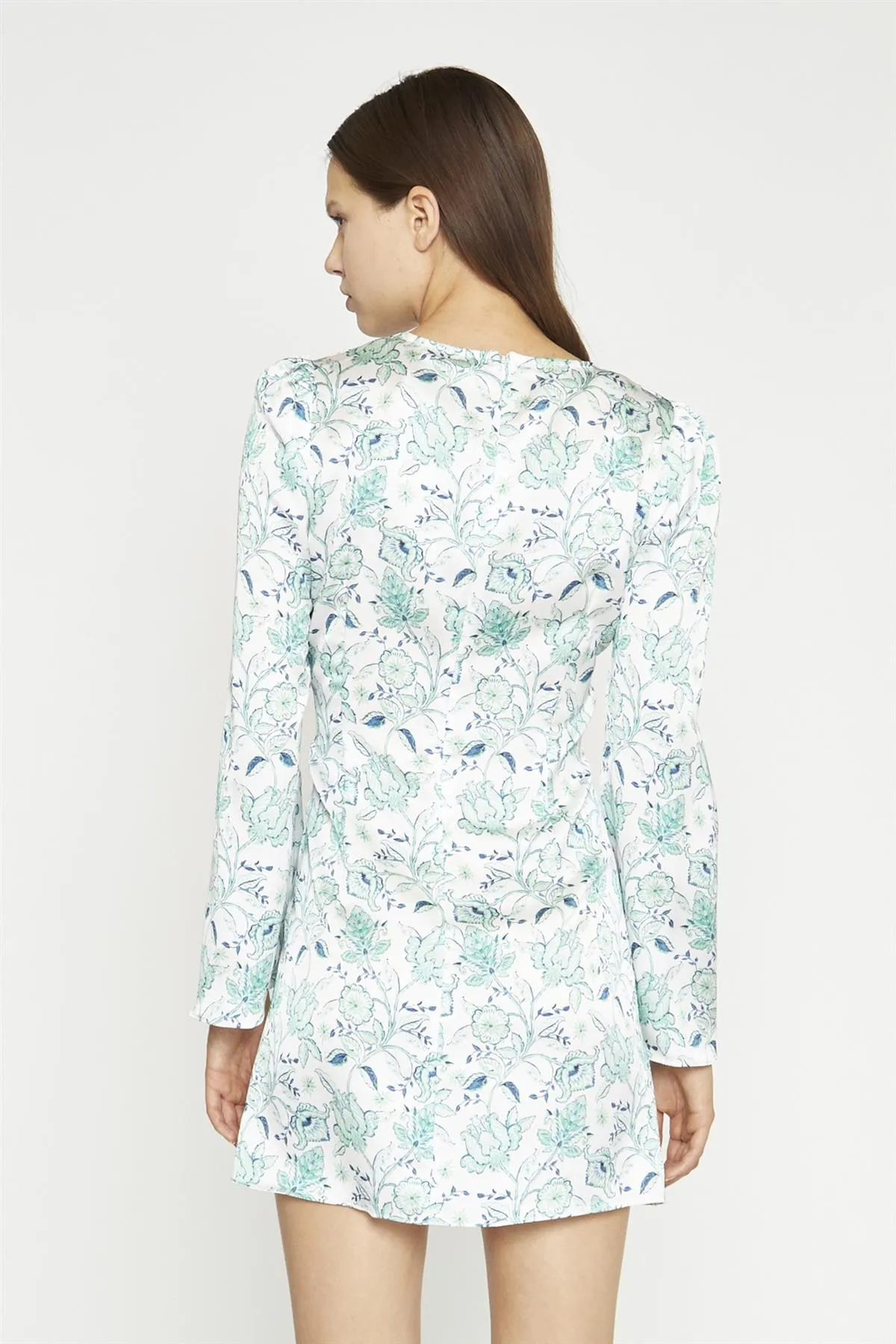 White-Mint Paisley Satin Gathered Keyhole Mini-Dress