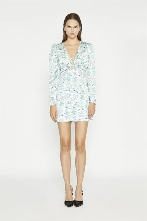 White-Mint Paisley Satin Gathered Keyhole Mini-Dress