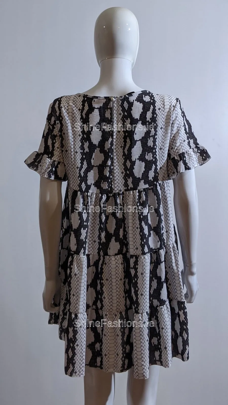White Snake Print Pattern Tiered Smock Dress