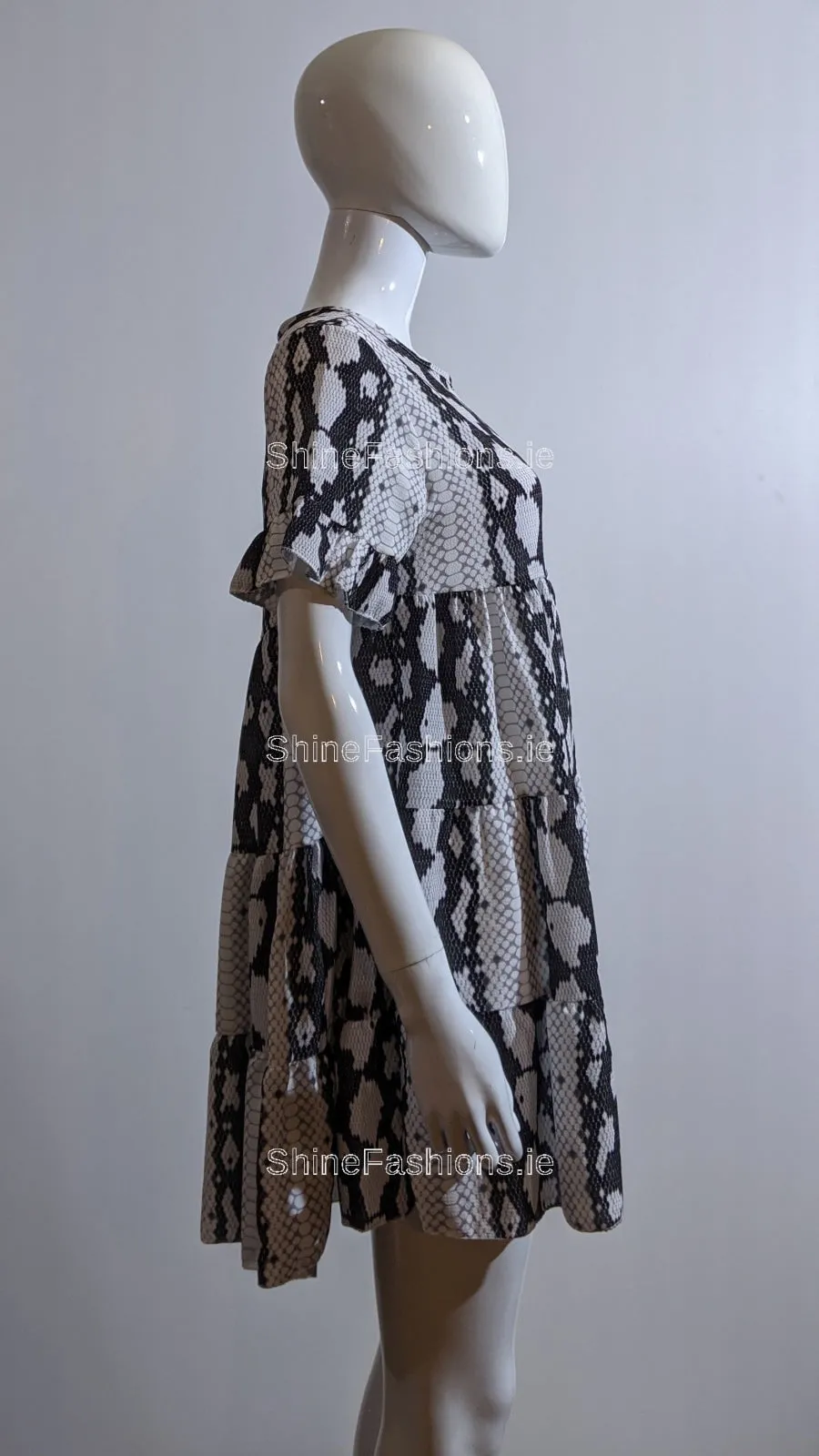 White Snake Print Pattern Tiered Smock Dress