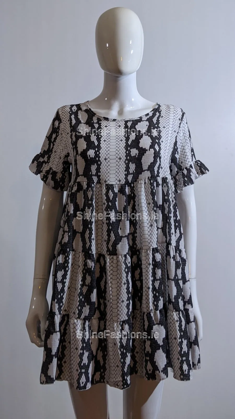 White Snake Print Pattern Tiered Smock Dress
