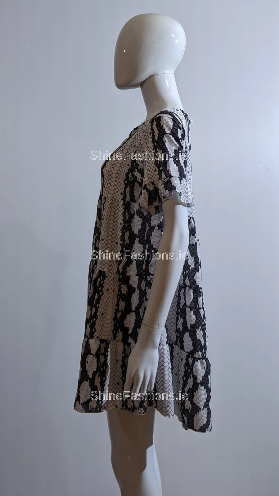 White Snake Print Pattern Tiered Smock Dress