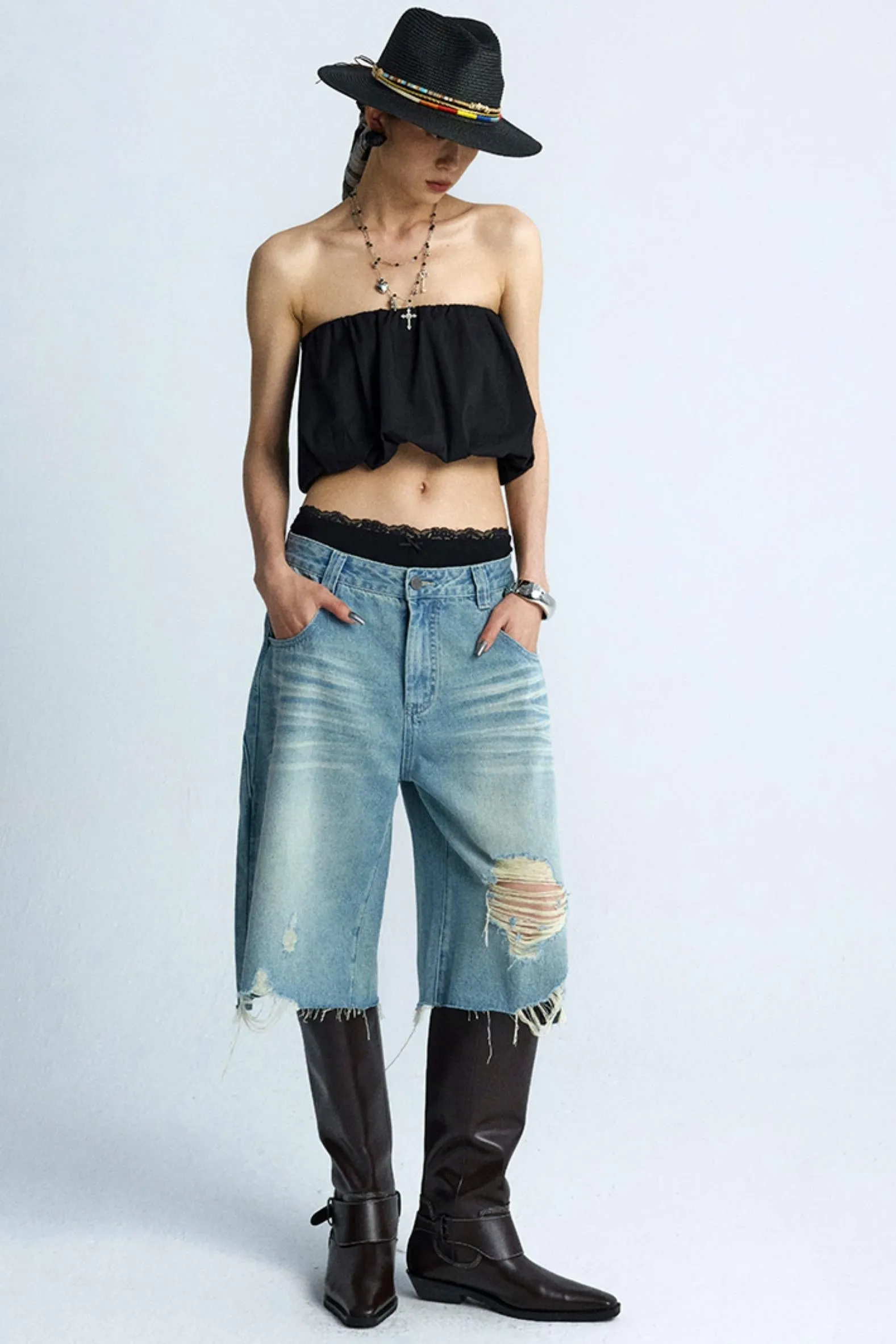Wide-Leg Denim Culottes Shorts