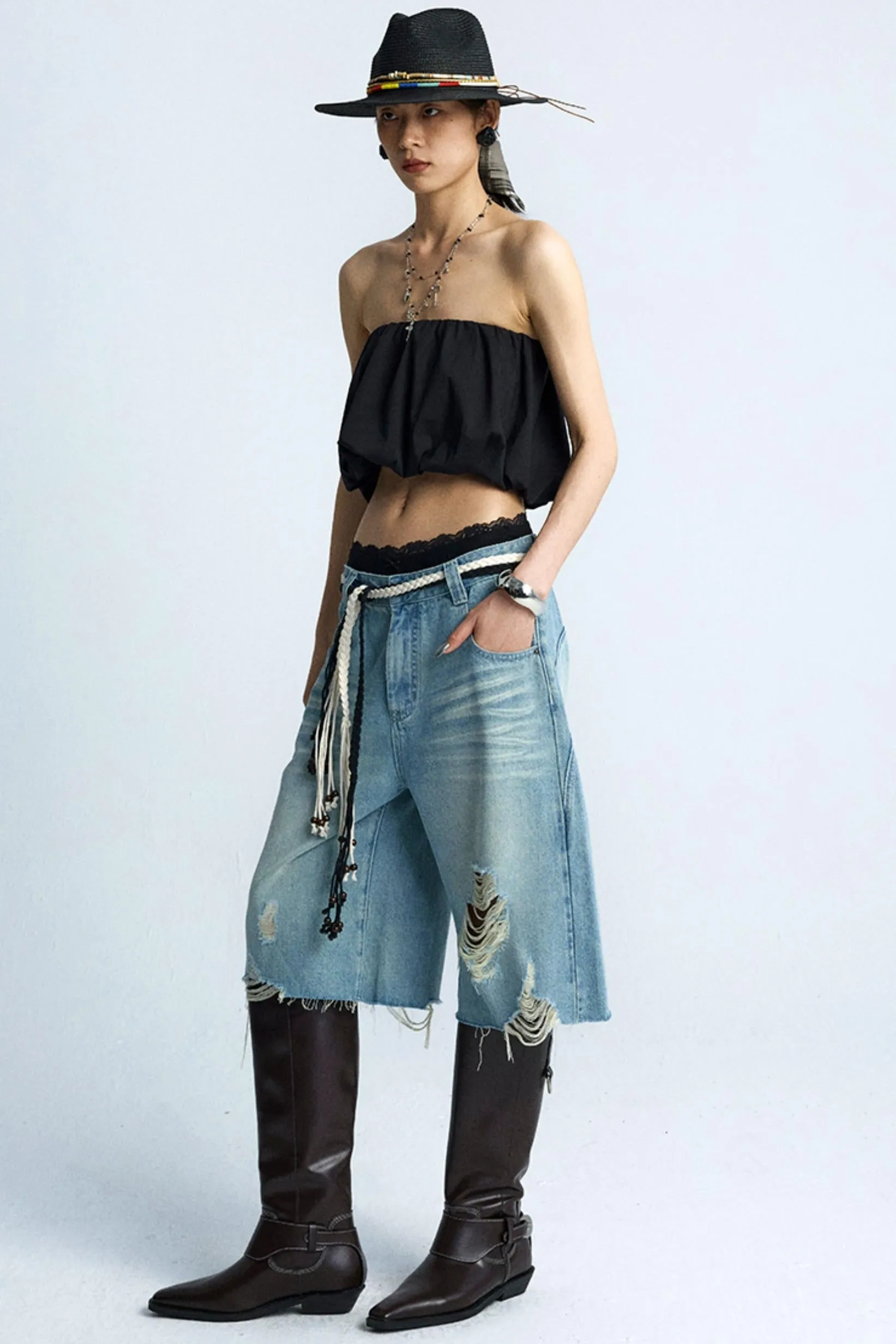 Wide-Leg Denim Culottes Shorts