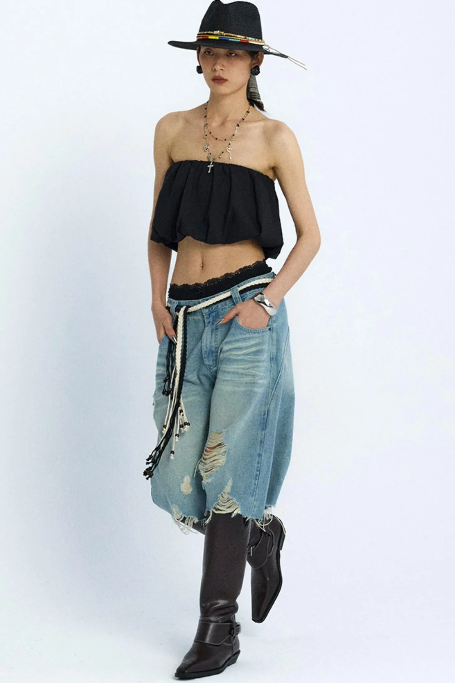 Wide-Leg Denim Culottes Shorts