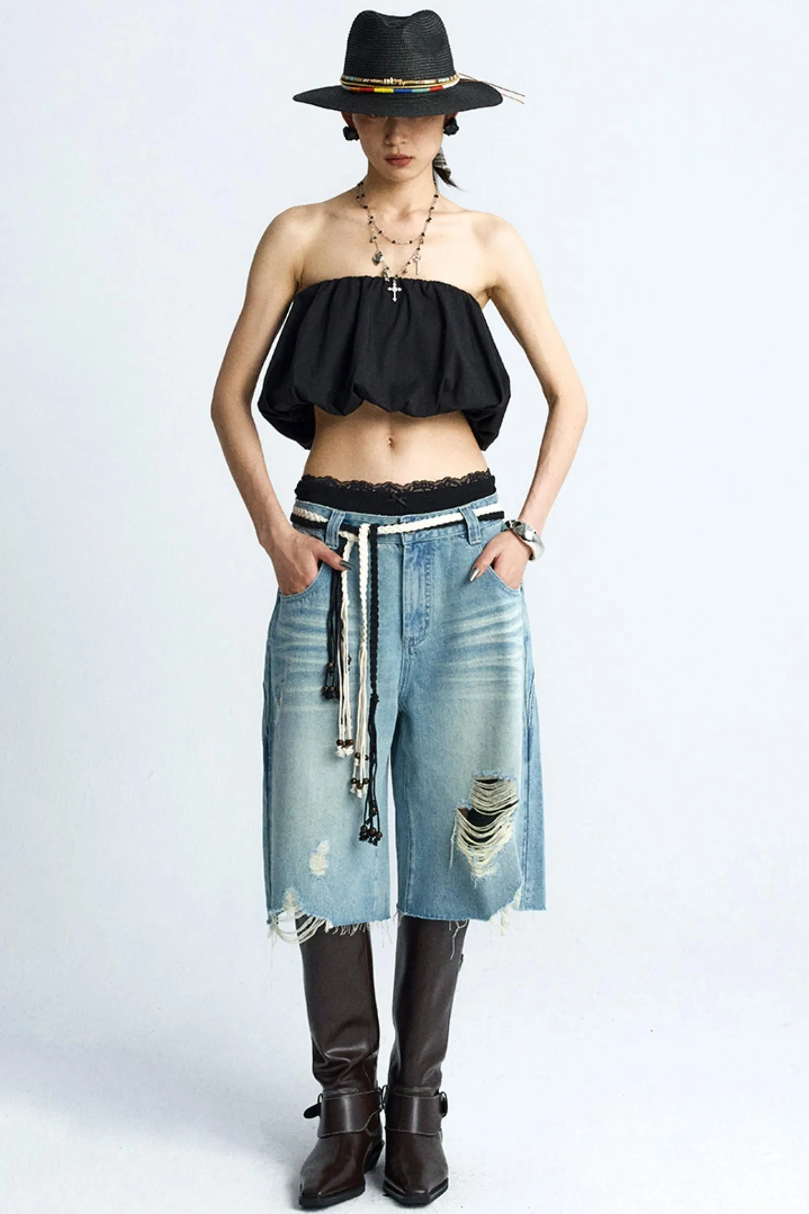 Wide-Leg Denim Culottes Shorts