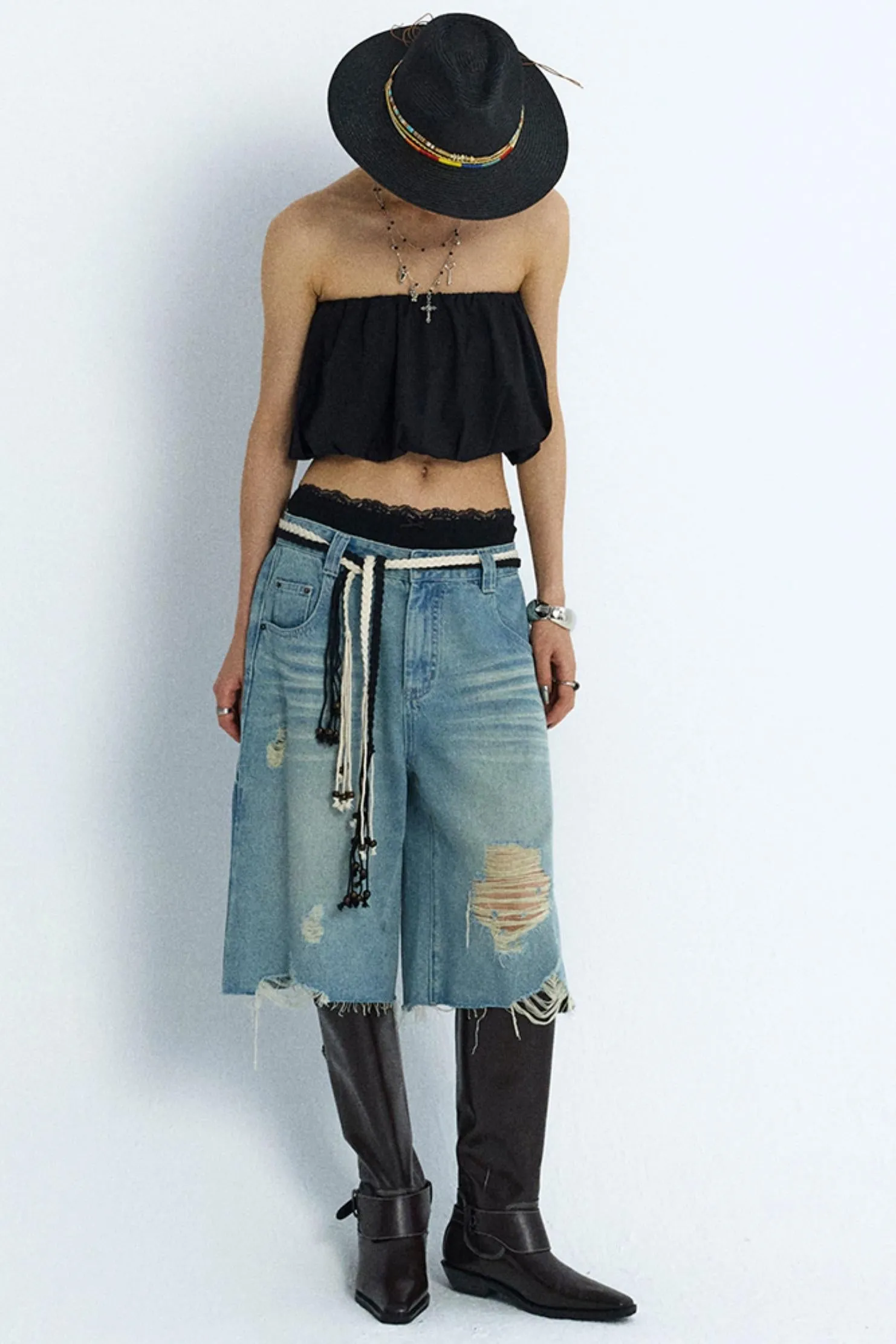 Wide-Leg Denim Culottes Shorts