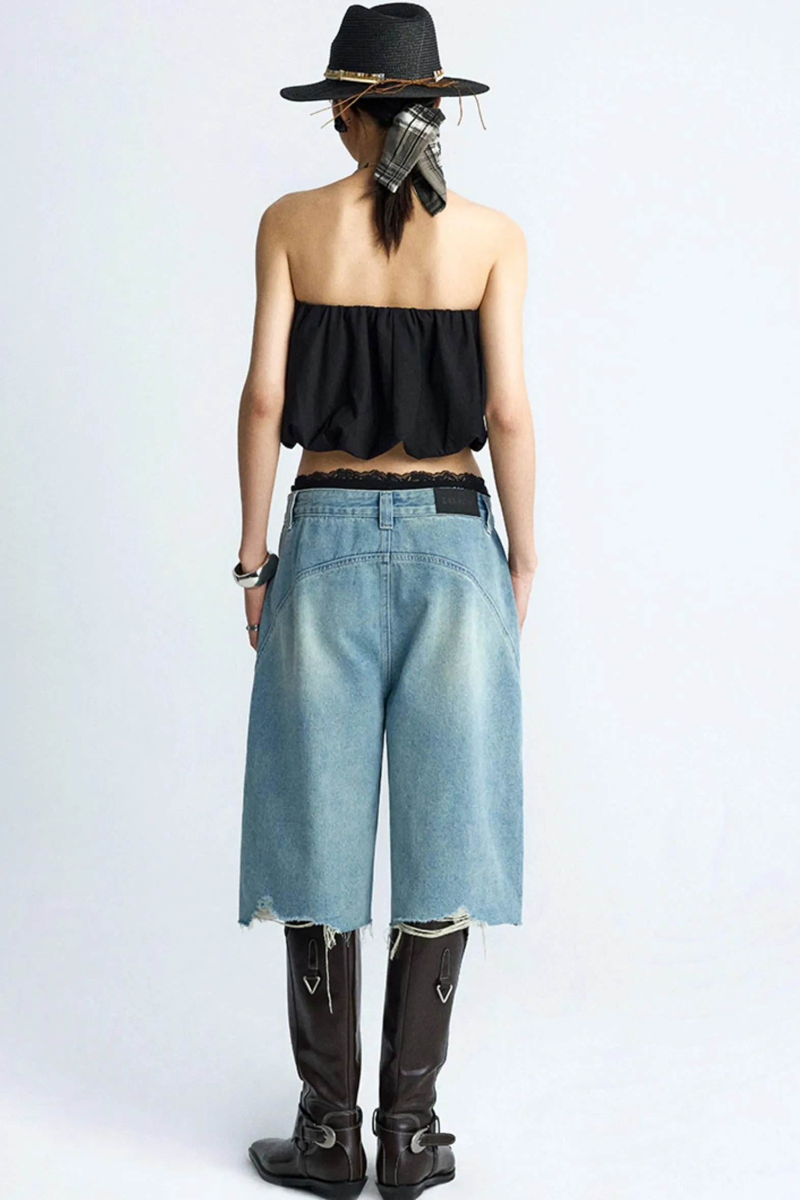 Wide-Leg Denim Culottes Shorts