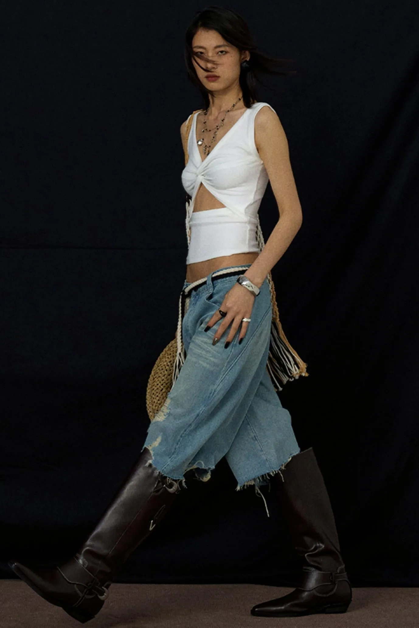 Wide-Leg Denim Culottes Shorts