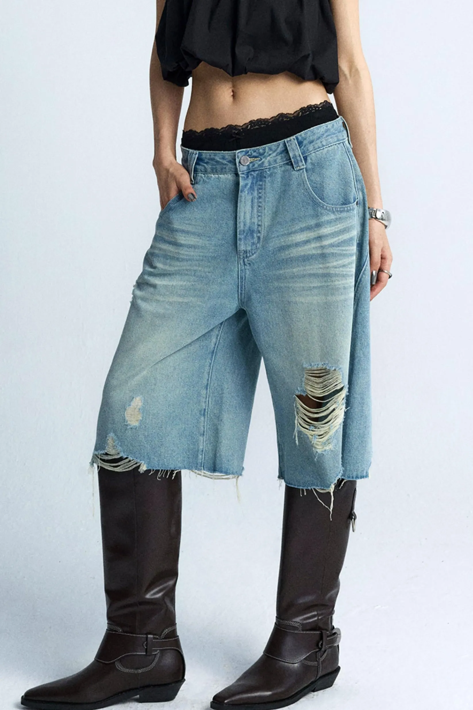 Wide-Leg Denim Culottes Shorts