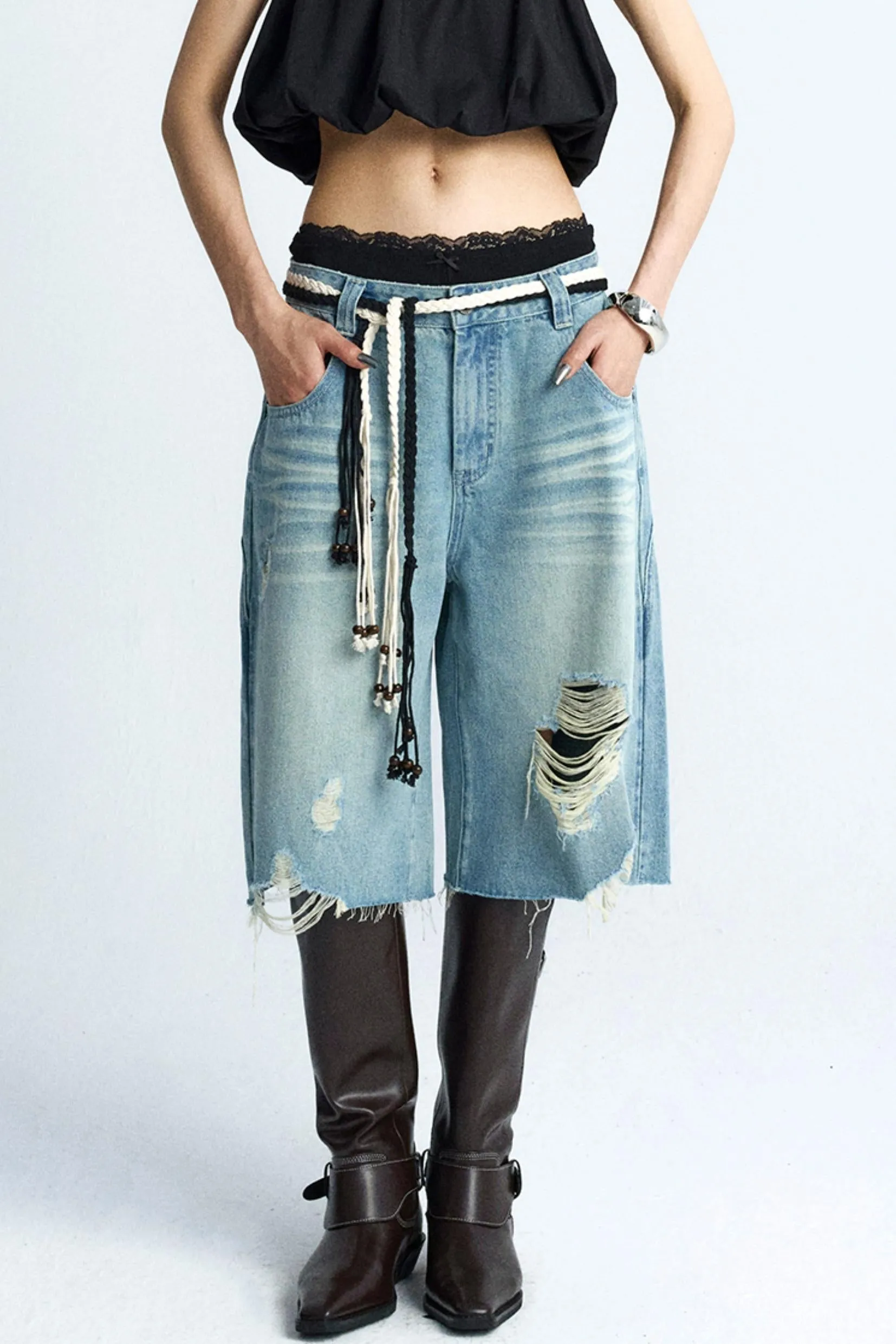 Wide-Leg Denim Culottes Shorts