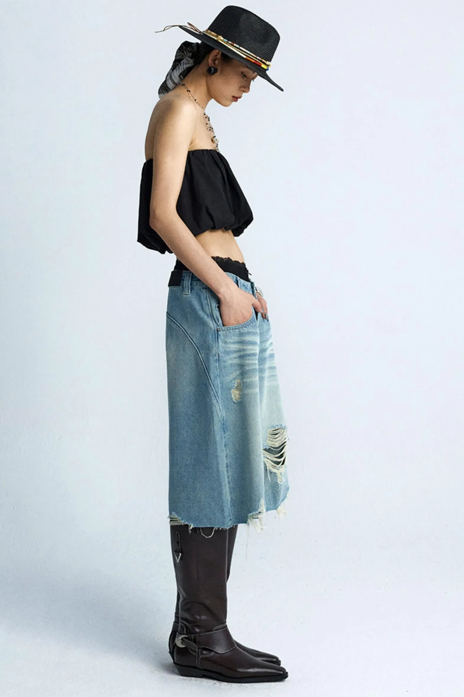 Wide-Leg Denim Culottes Shorts