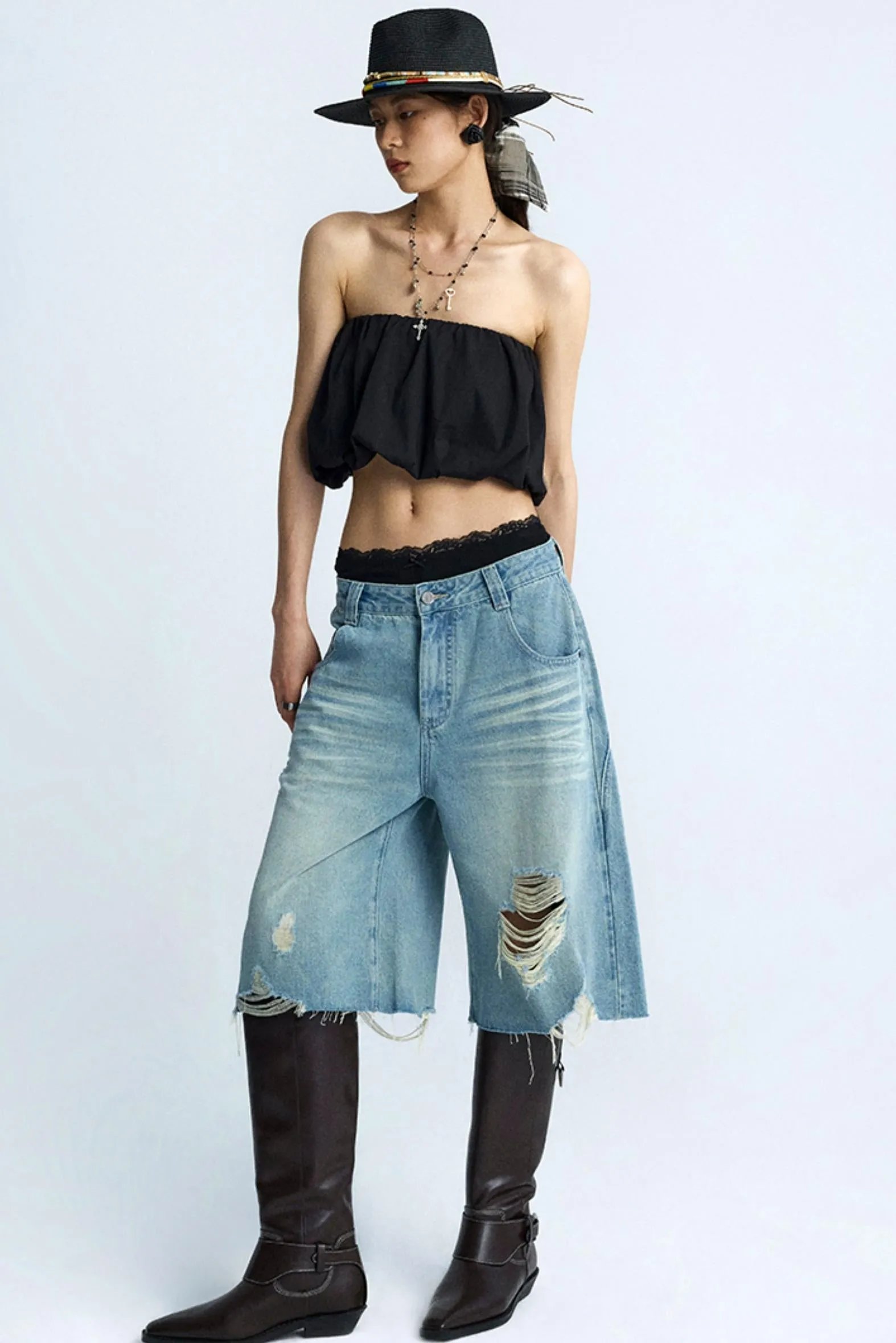 Wide-Leg Denim Culottes Shorts