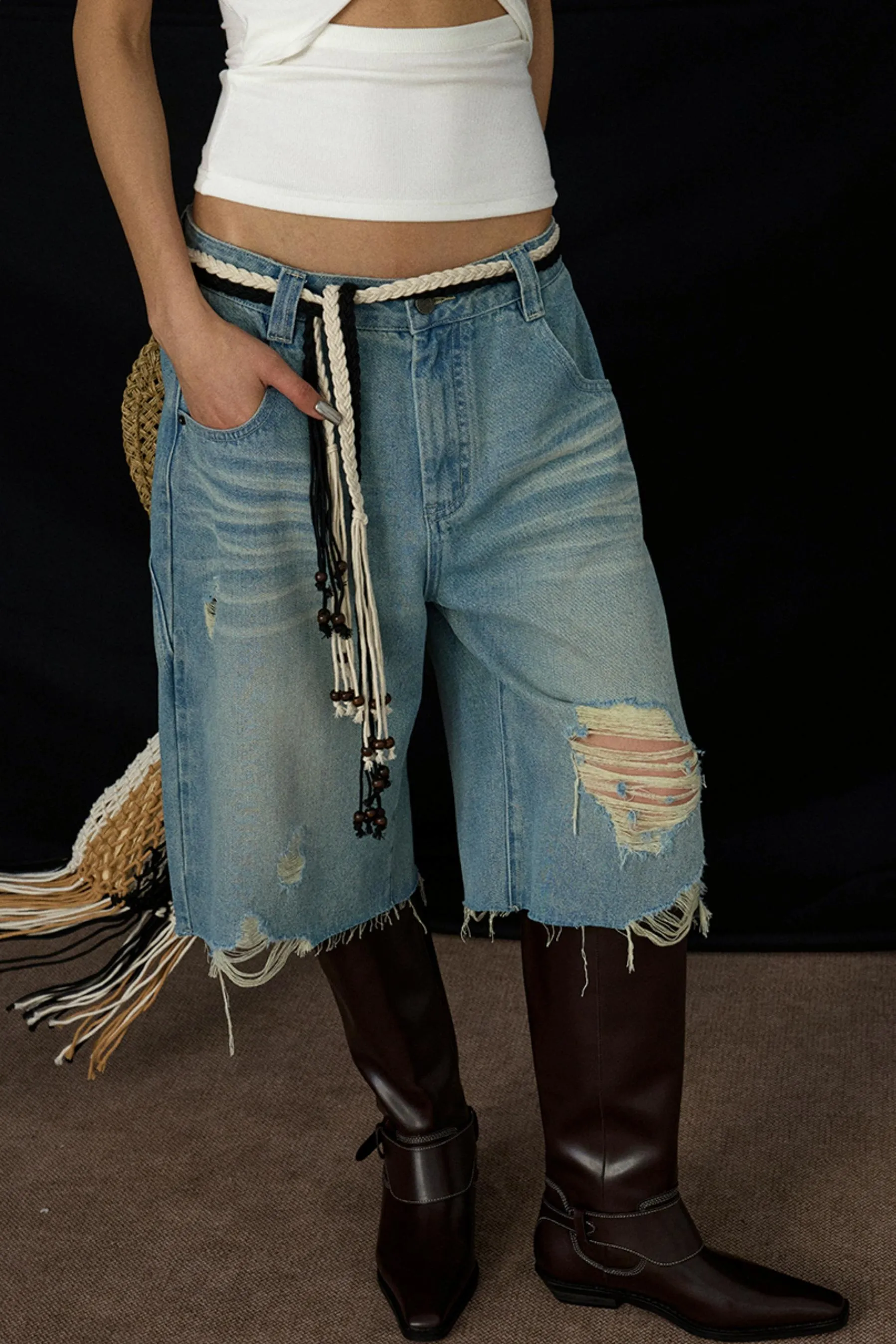 Wide-Leg Denim Culottes Shorts
