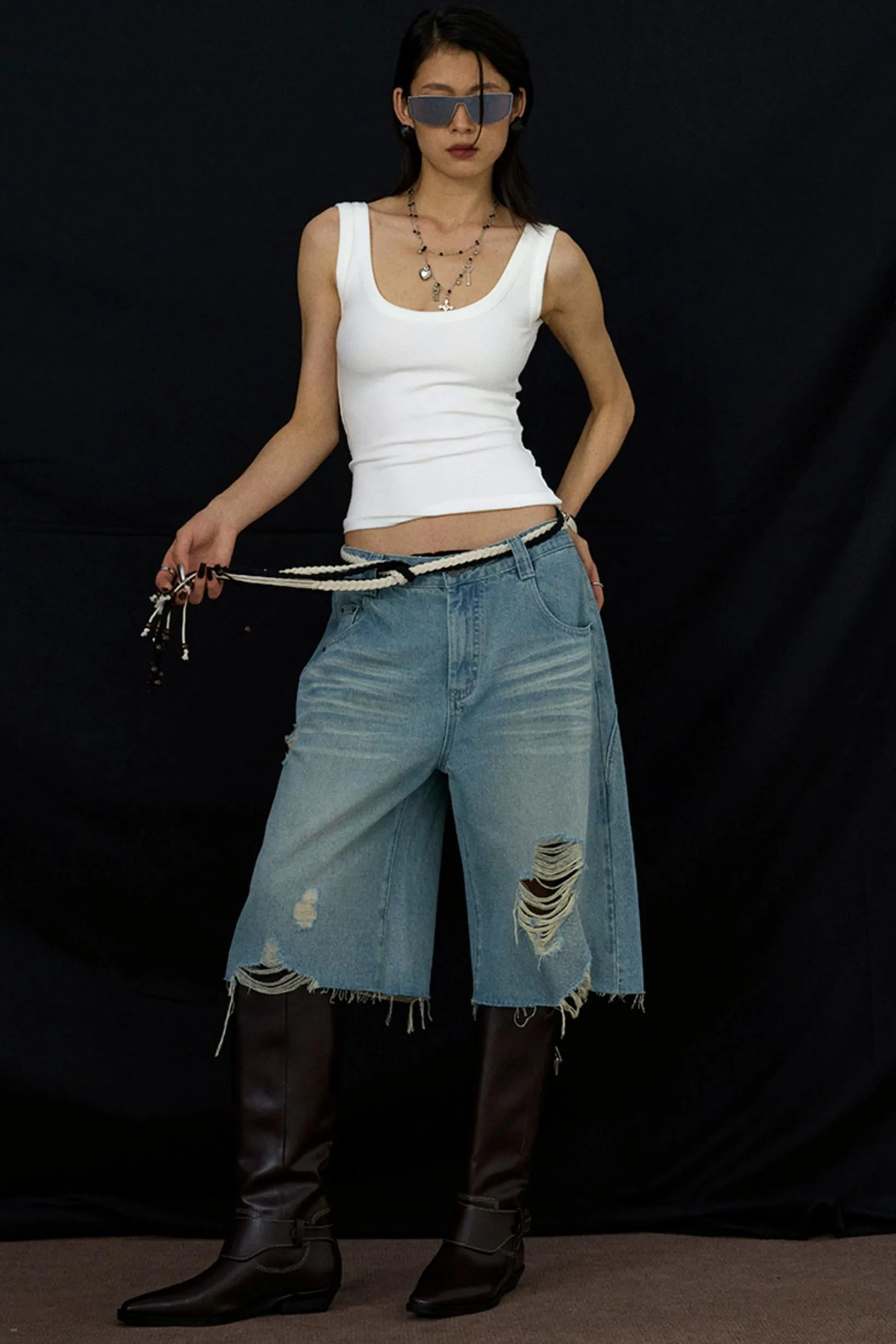Wide-Leg Denim Culottes Shorts