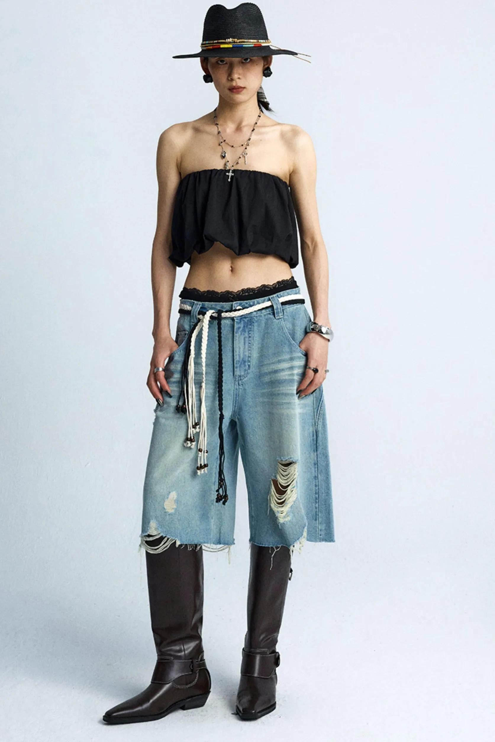 Wide-Leg Denim Culottes Shorts