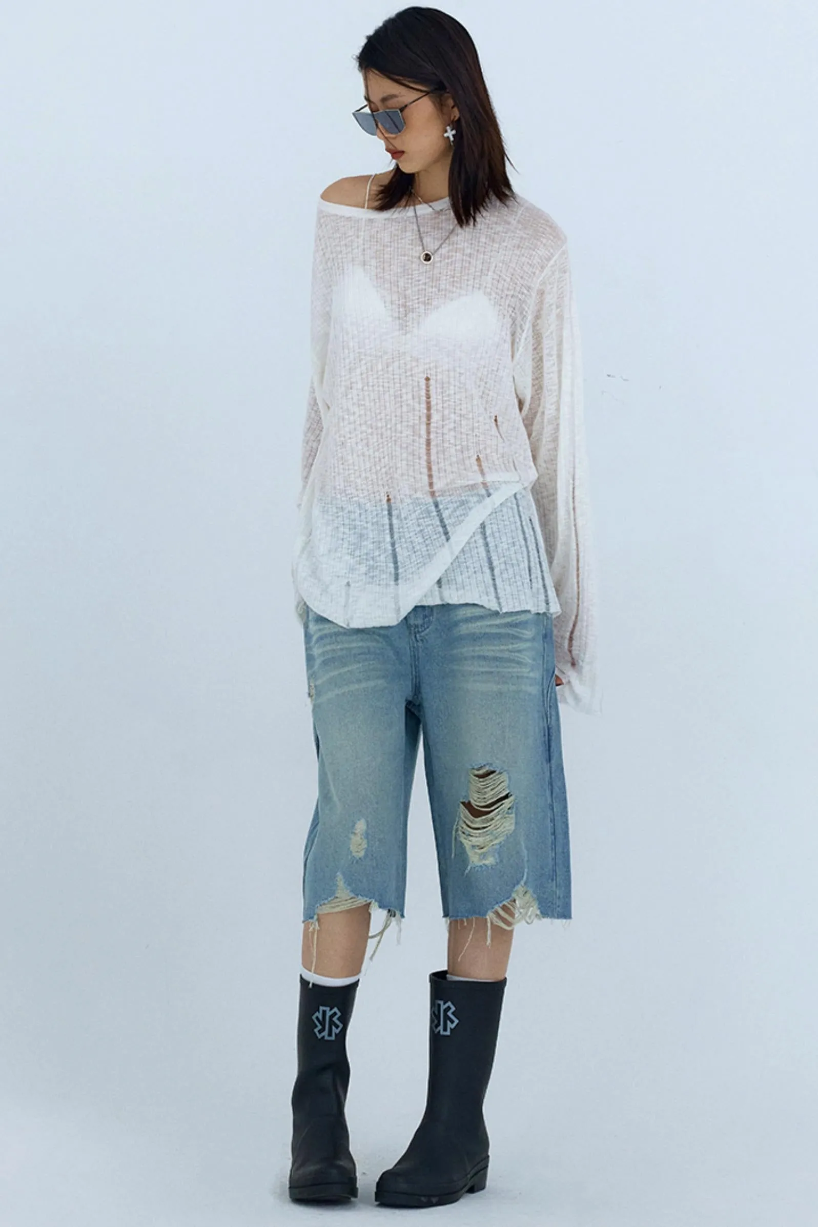 Wide-Leg Denim Culottes Shorts