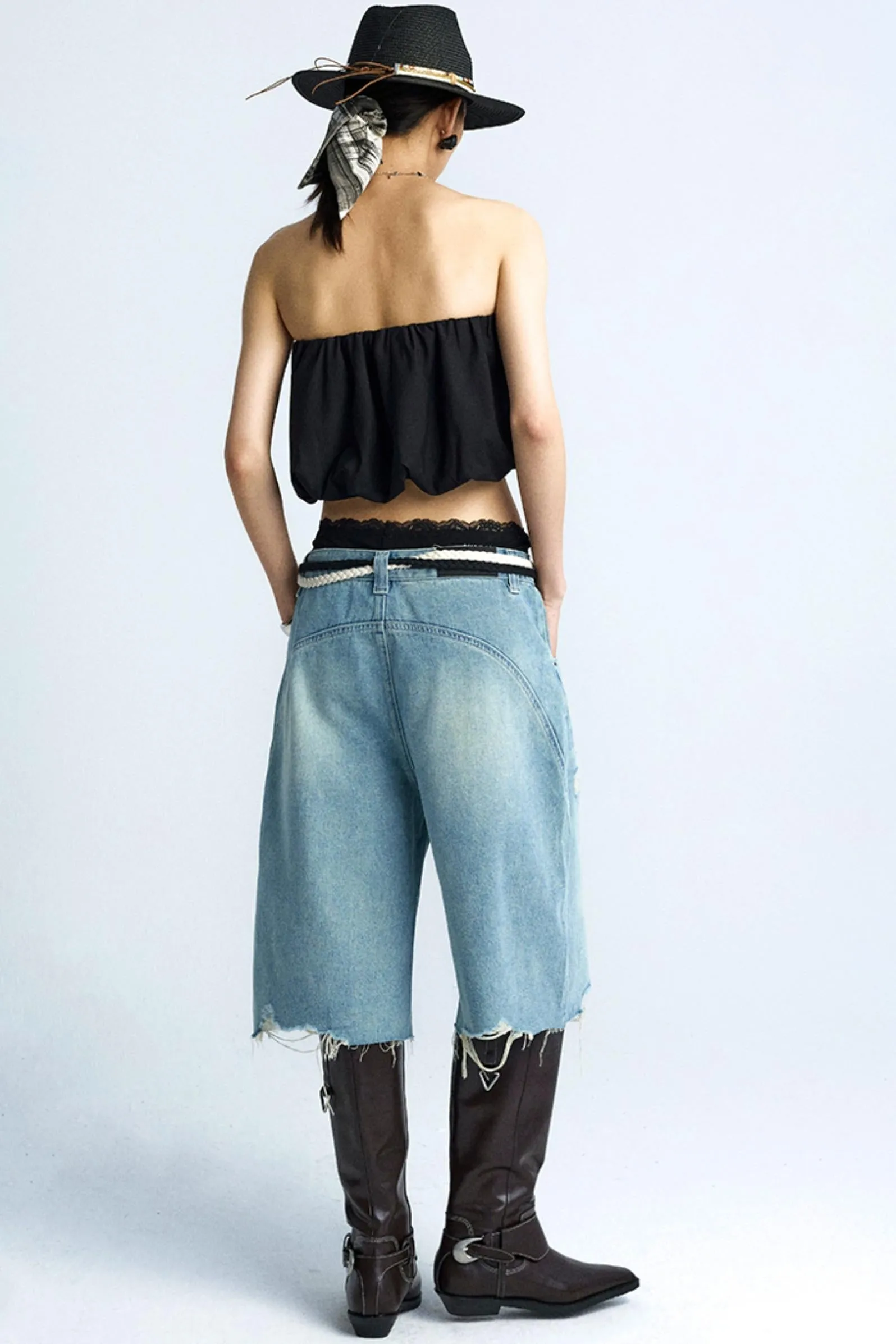 Wide-Leg Denim Culottes Shorts