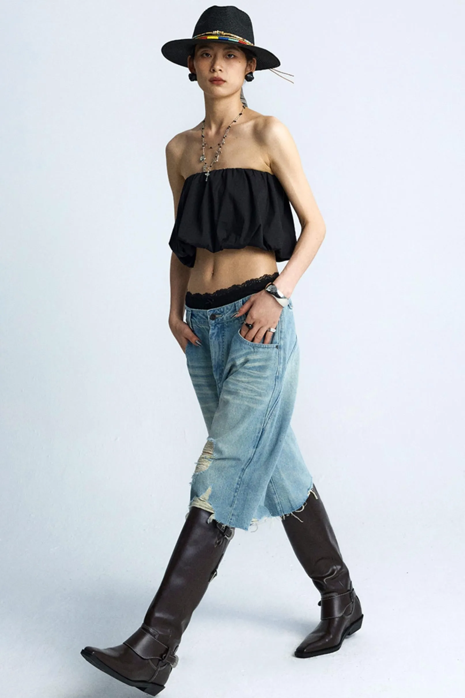 Wide-Leg Denim Culottes Shorts