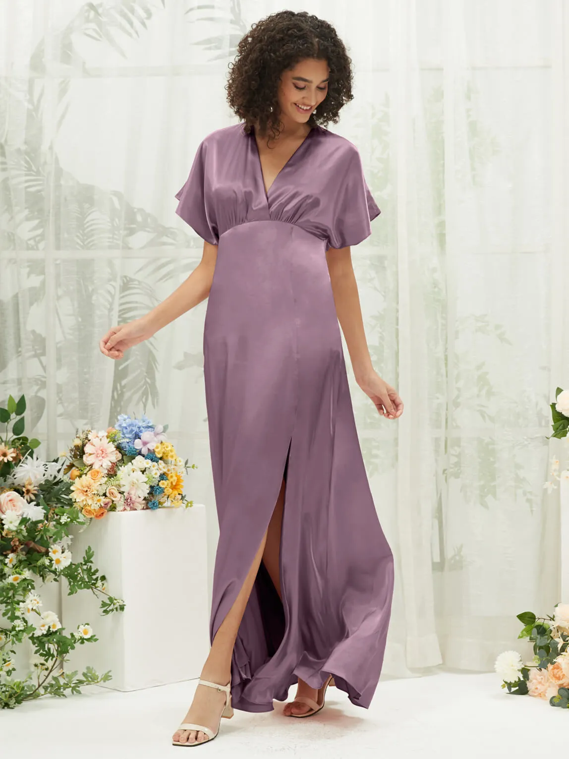 Wisteria V-Neck Short Sleeve Satin Maxi Bridesmaid Dress With Slit