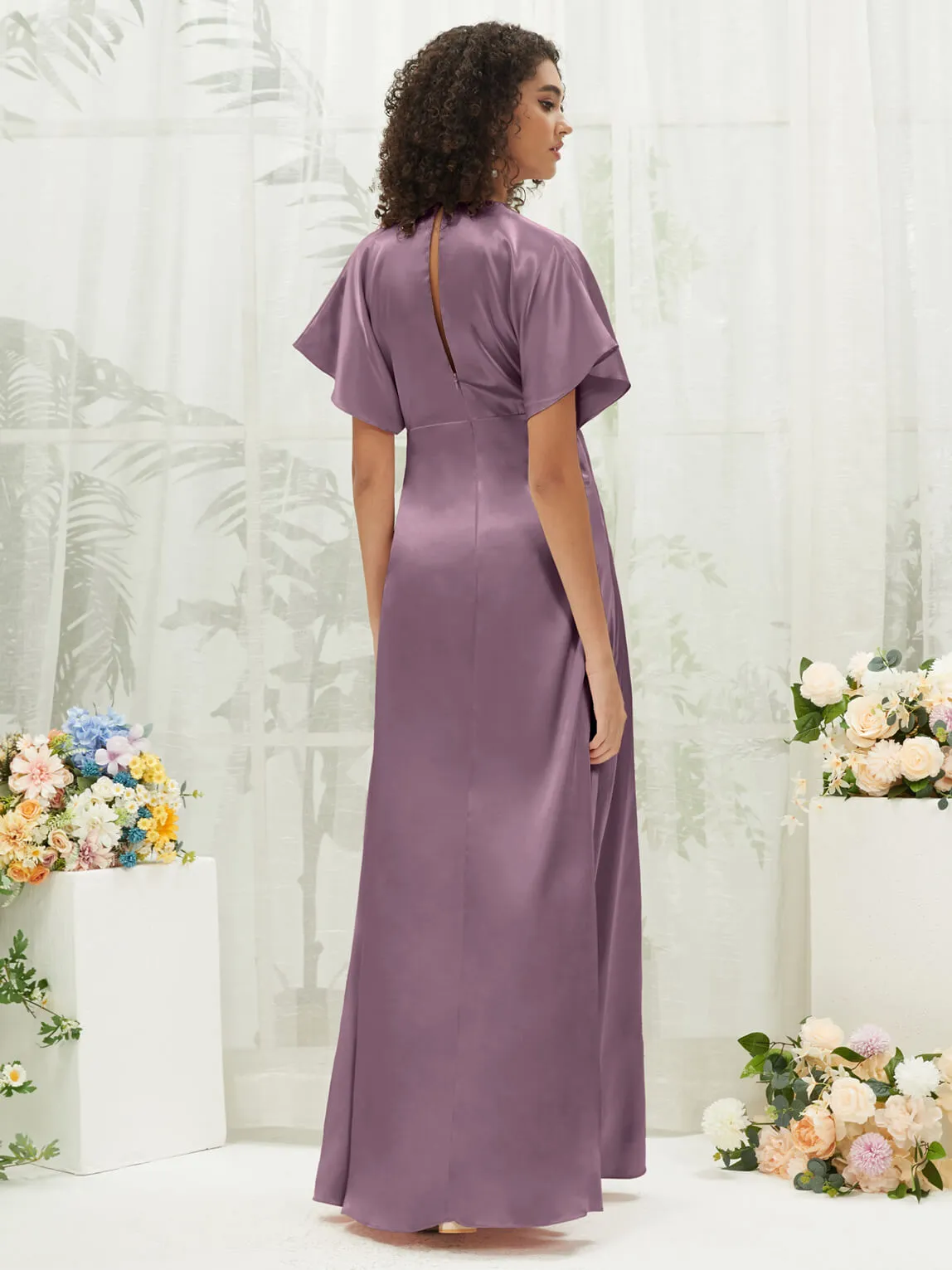 Wisteria V-Neck Short Sleeve Satin Maxi Bridesmaid Dress With Slit