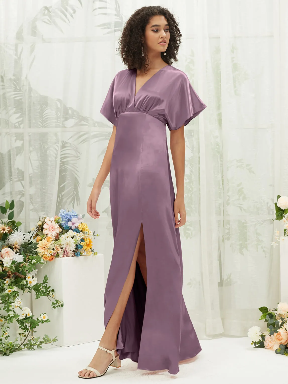 Wisteria V-Neck Short Sleeve Satin Maxi Bridesmaid Dress With Slit