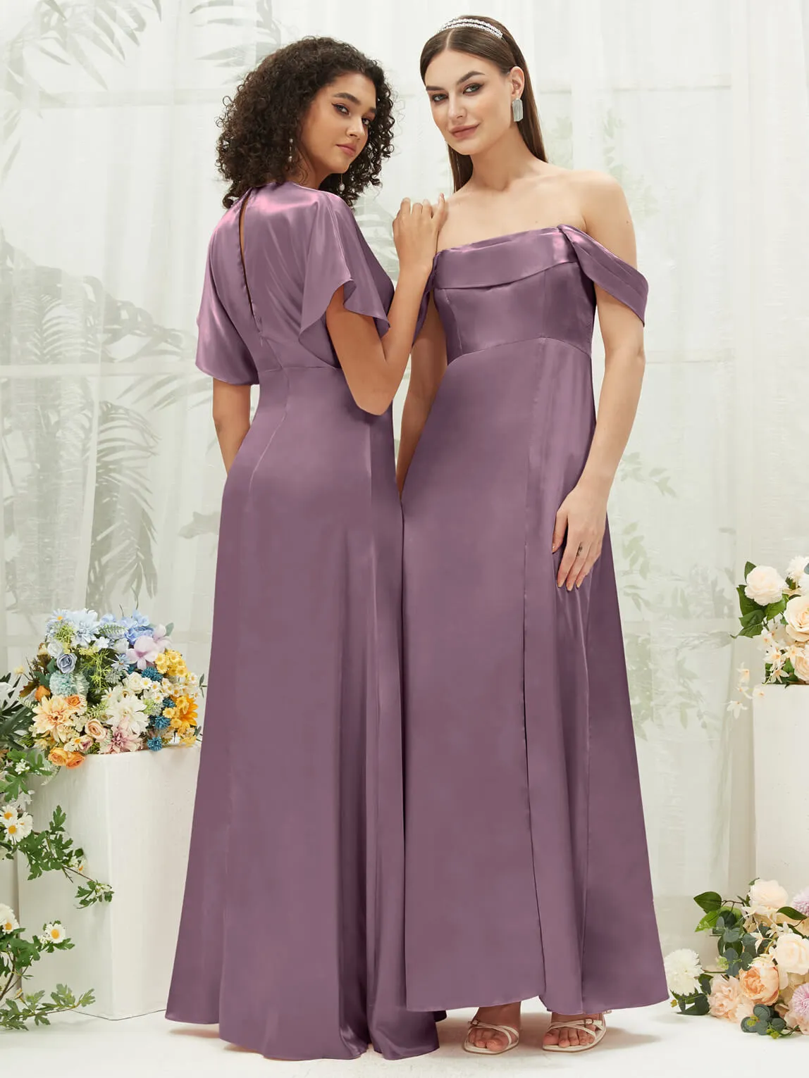Wisteria V-Neck Short Sleeve Satin Maxi Bridesmaid Dress With Slit