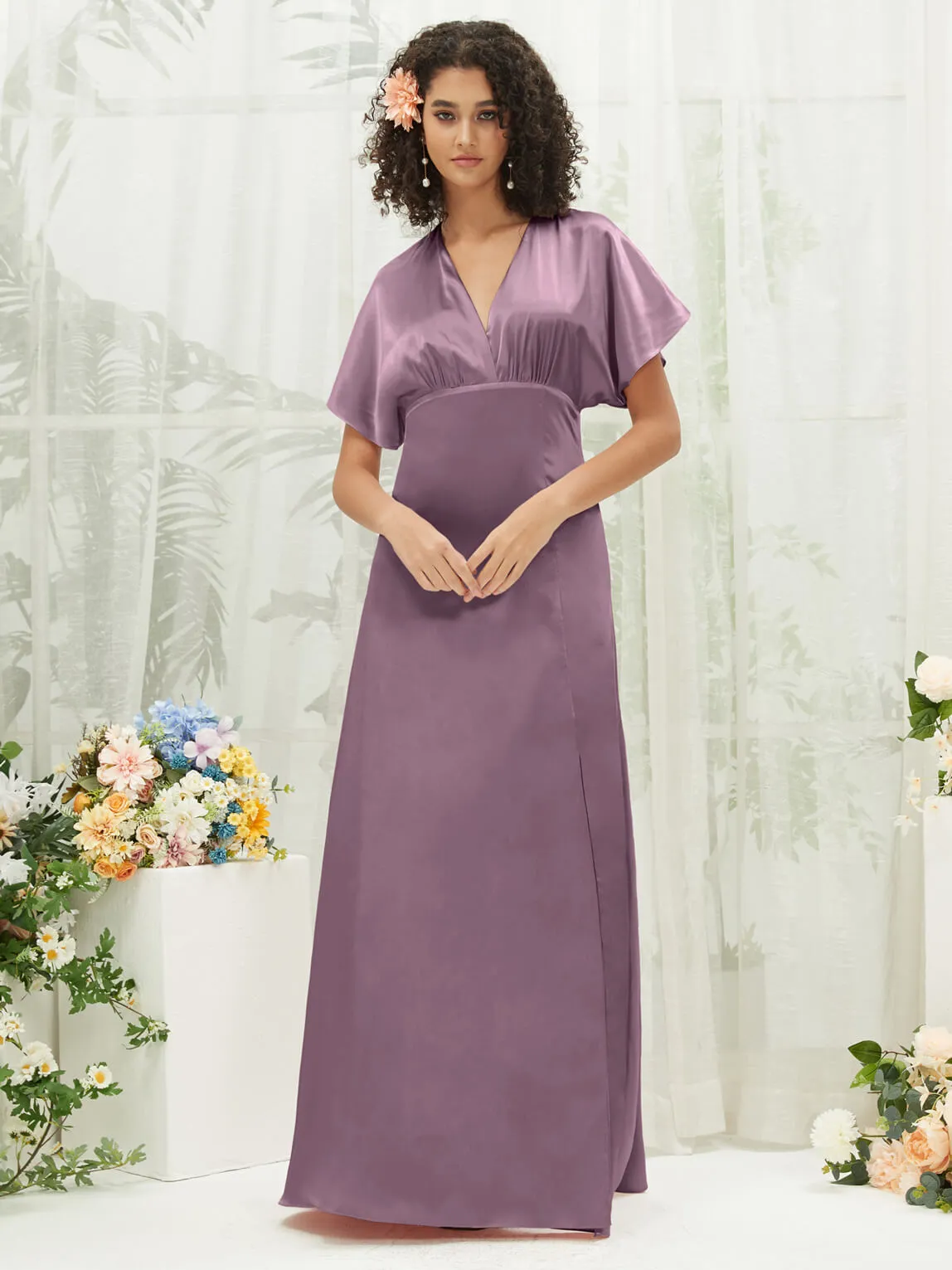 Wisteria V-Neck Short Sleeve Satin Maxi Bridesmaid Dress With Slit