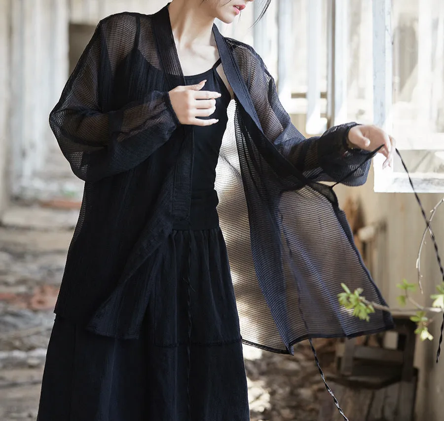 Women Long Sleeves Side Tie Sheer Wrap Soft Tencel Blouses