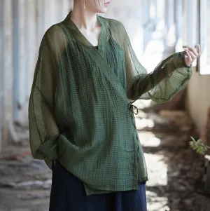 Women Long Sleeves Side Tie Sheer Wrap Soft Tencel Blouses