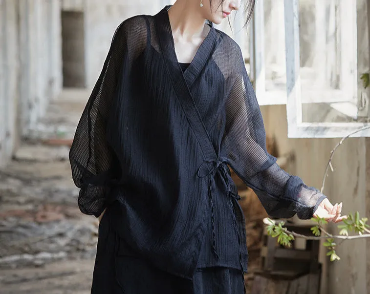 Women Long Sleeves Side Tie Sheer Wrap Soft Tencel Blouses