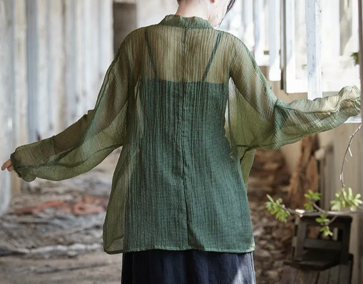 Women Long Sleeves Side Tie Sheer Wrap Soft Tencel Blouses