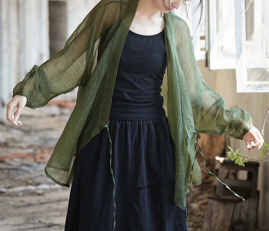 Women Long Sleeves Side Tie Sheer Wrap Soft Tencel Blouses