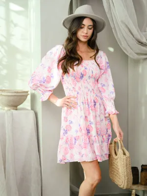 WOMEN'S 3/4 SLEEVE FLORAL SMOCKED MINI DRESS