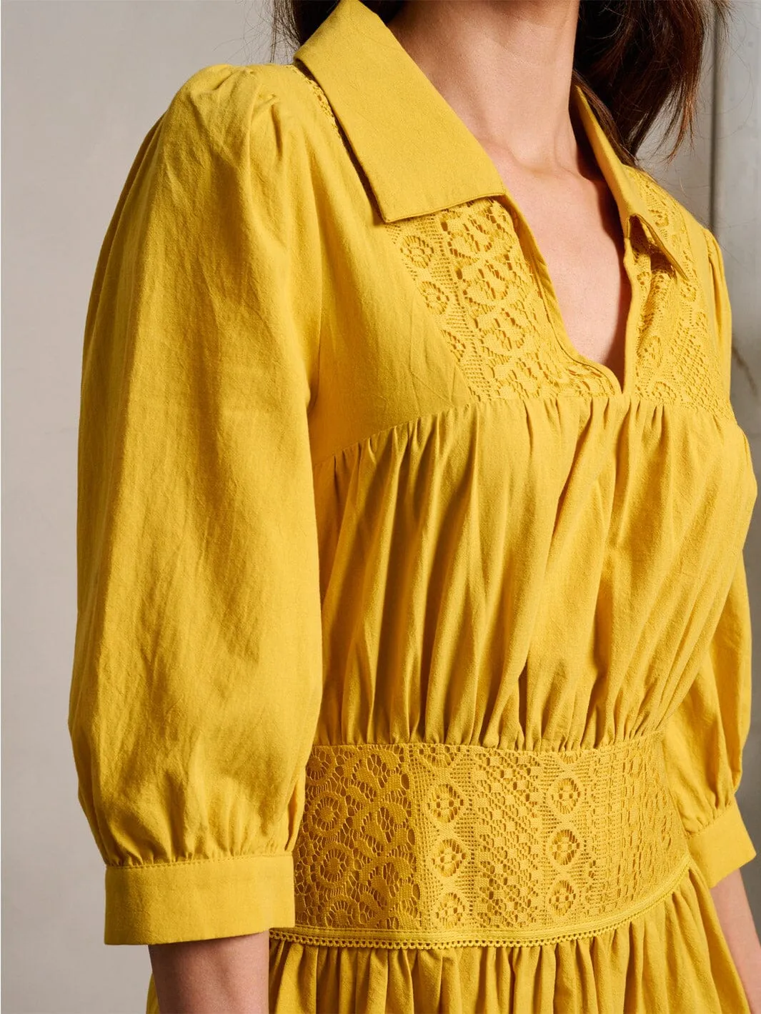 WOMEN'S 3/4 SLEEVE SMOCK RUFFLE V-NECK DETAILED MINI DRESS