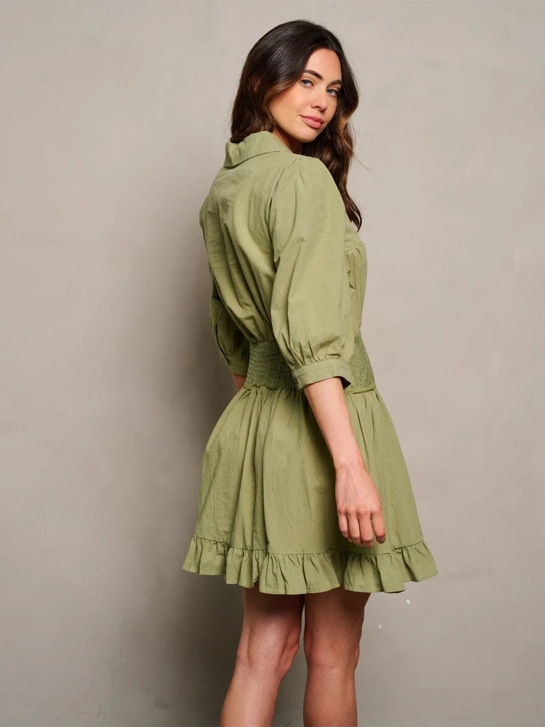 WOMEN'S 3/4 SLEEVE SMOCK RUFFLE V-NECK DETAILED MINI DRESS