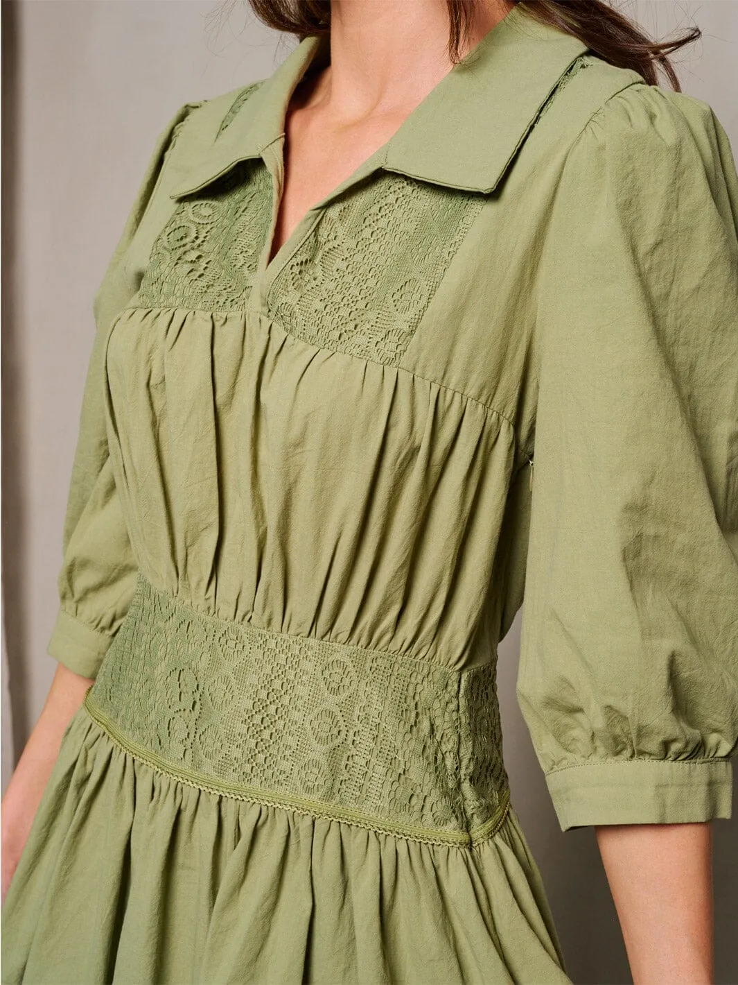 WOMEN'S 3/4 SLEEVE SMOCK RUFFLE V-NECK DETAILED MINI DRESS